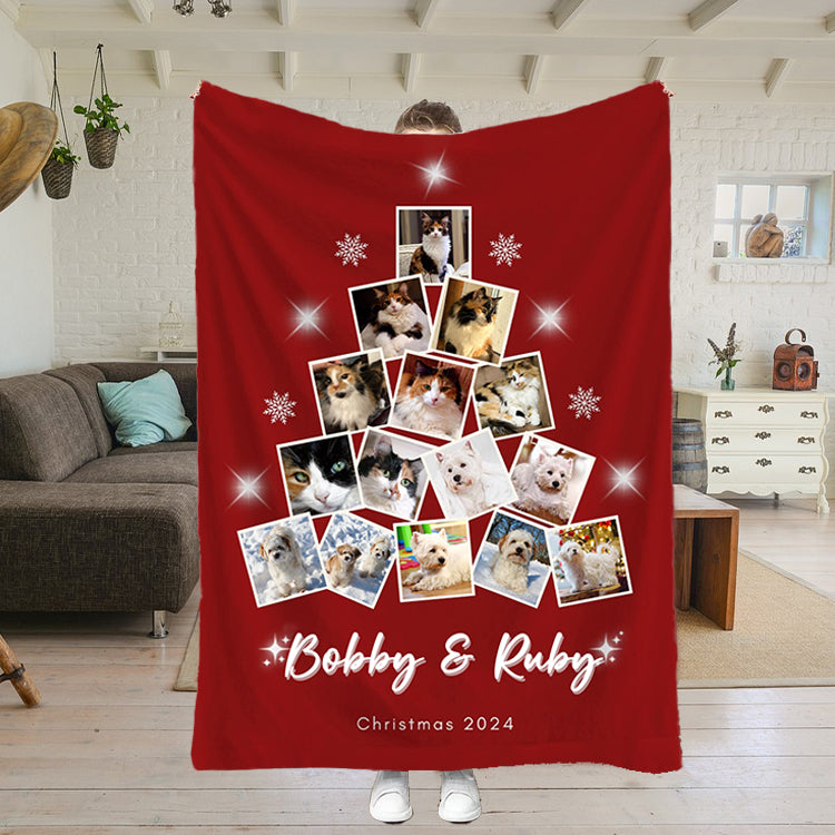 Custom Photo Christmas Tree Collage, Personalized Photo Blanket, Christmas Gift