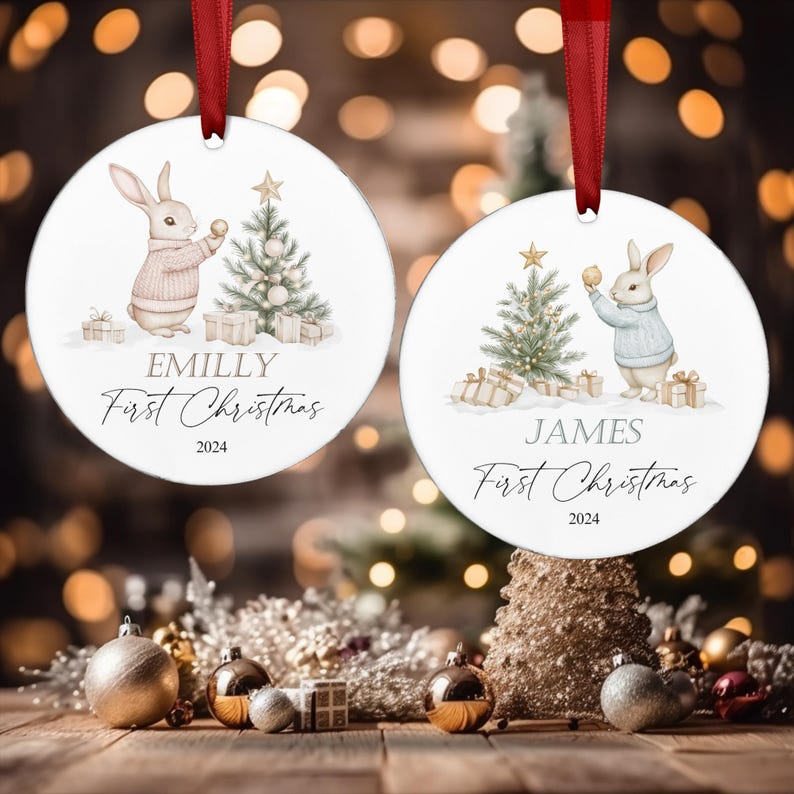 Personalised First Christmas Ornament - Bunny Rabbit Acrylic Hanging Tree Ornament