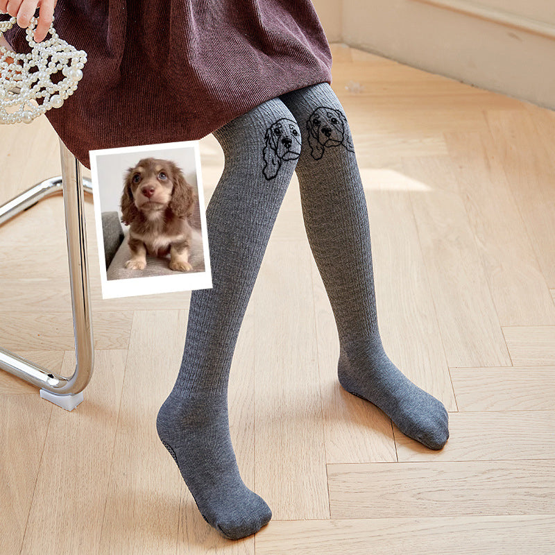 Custom Pet Face Outline Embroidered Tights Warm Stretch Stockings For Girl