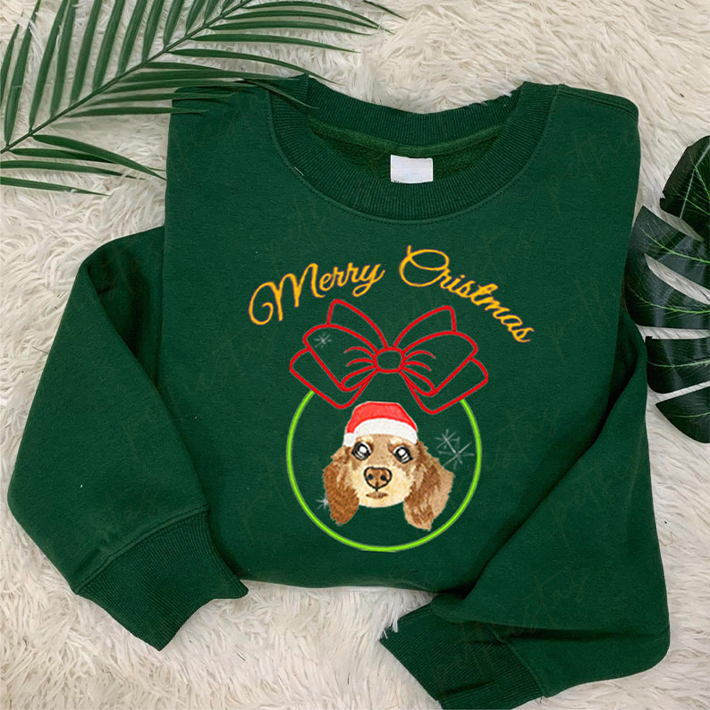 Embroidery Sparkle Christmas Ball Custom Pet Face Embroidered Sweatshirt Hoodie T-shirt