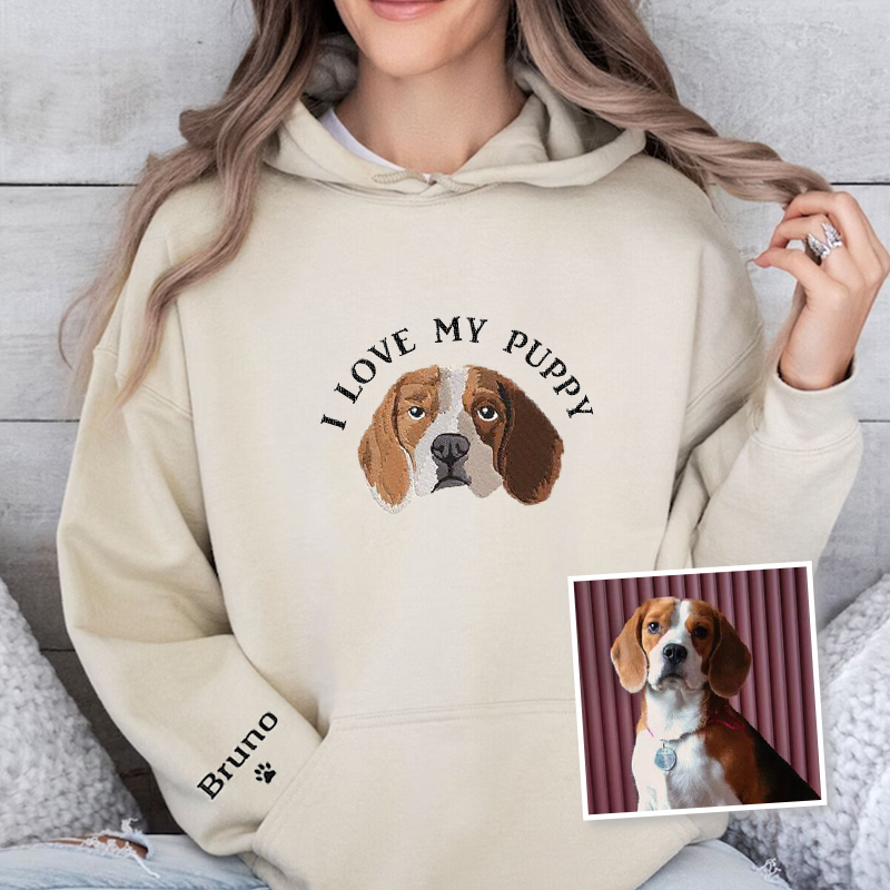 I Love My Dog Custom Pet Portrait Embroidered Crewneck T-shirt Hoodie