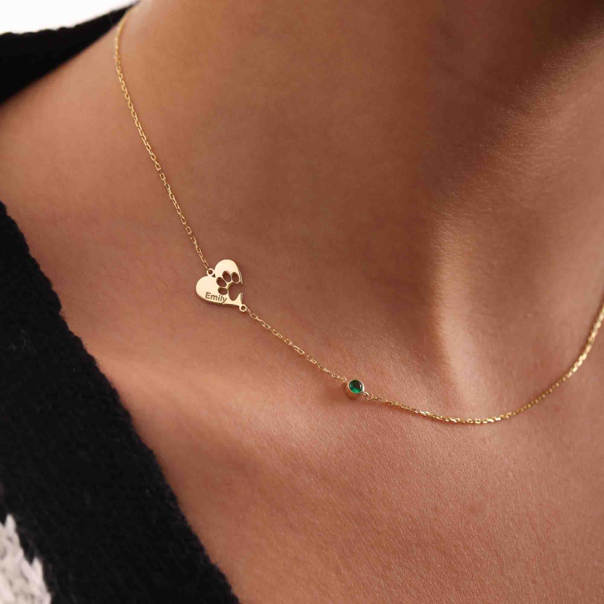 Heart Shaped Paw Necklace, Birthstone Necklace, Pet Memorial Jewelry