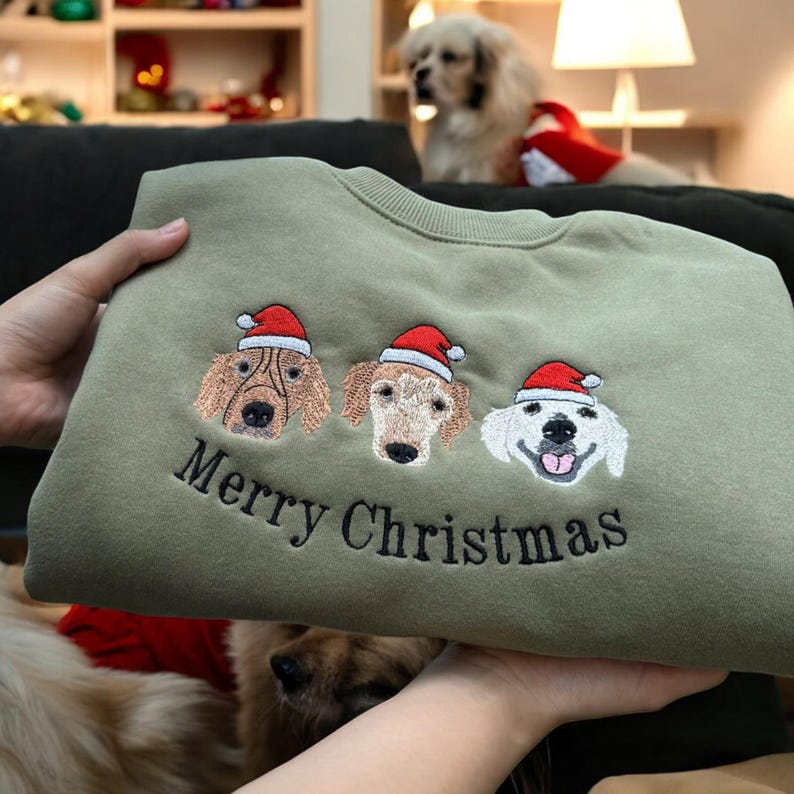 Merry Christmas Custom Pet Photo Name Embroidered Sweatshirt Hoodie T-shirt