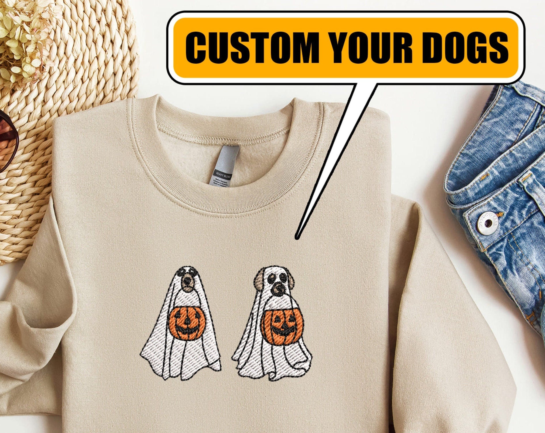 Embroidered Custom Ghost Sweatshirt Halloween Personalize Dog Sweatshirt Ghost Dog Shirt Fall Sweatshirt