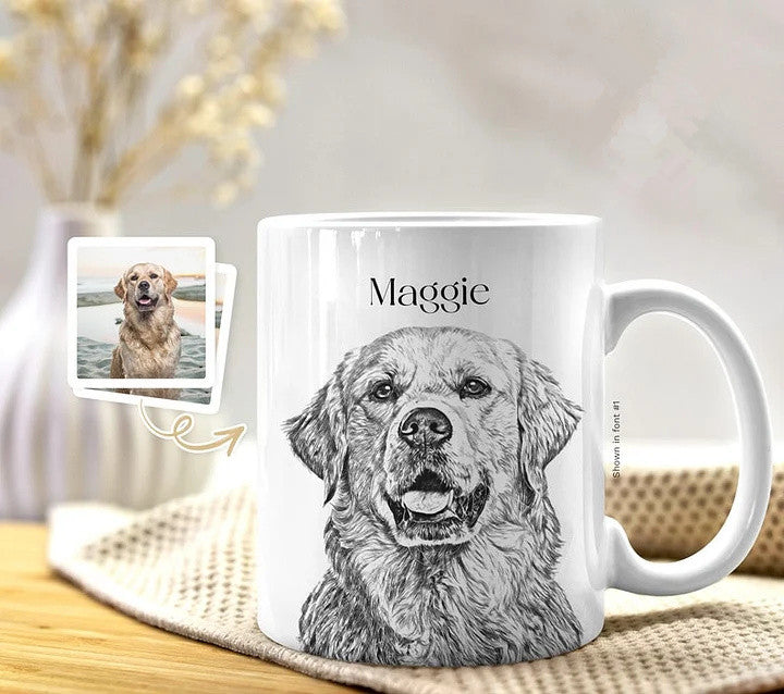 Pet Portrait Custom Sketch Mug from Photo, Personalized Birthday Gift for Cat Dog Mom Dad Owner, In Memory of Dog Loss, Pet Illustration Mug