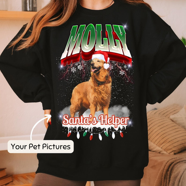 Custom Pet Sweater Using Pet Photo Personalized Bootleg Dog Face Christmas Sweatshirt Hoodie T-shirt