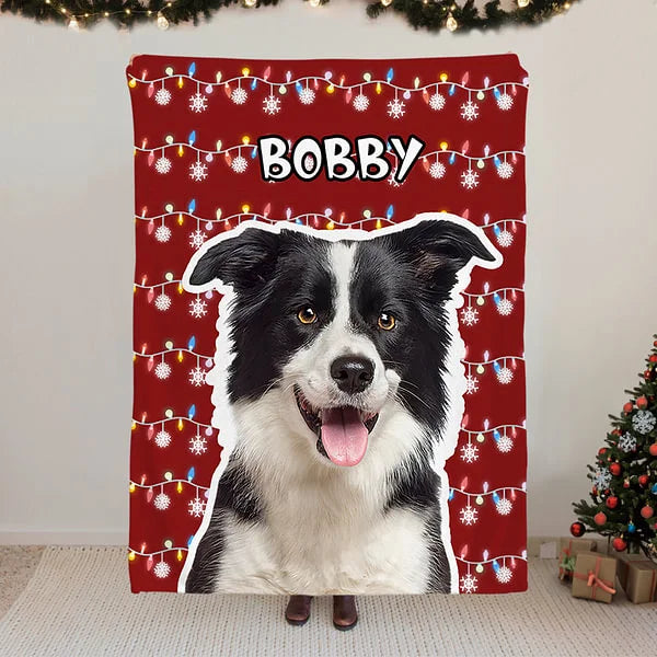 Personalized Snowflake Colored Christmas Lights Dog Cat Photo Throw Blanket with Name