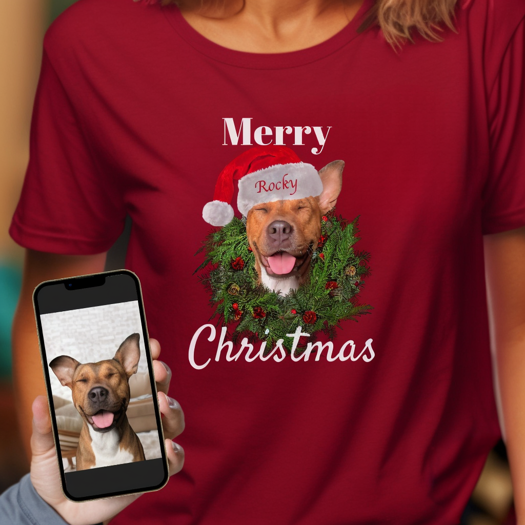 Custom Dog Face Christmas T-Shirt Sweatshirt Hoodie, Custom Merry Christmas Tee Using Dog Photo