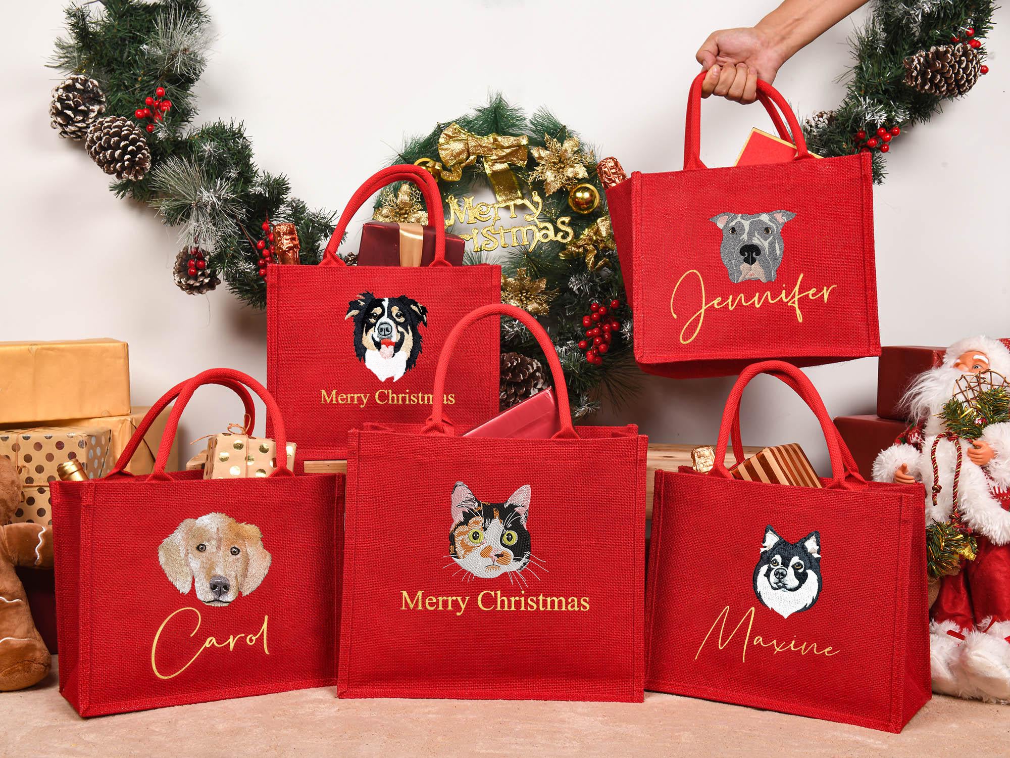 Personalized Pet Portrait Embroidered Christmas Gift Bag