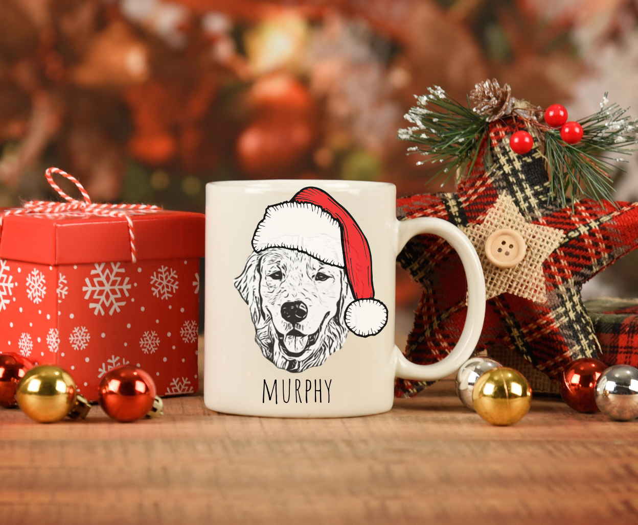 Custom Pet Mug with Santa Hat, Black & White, 2 Sides Printed