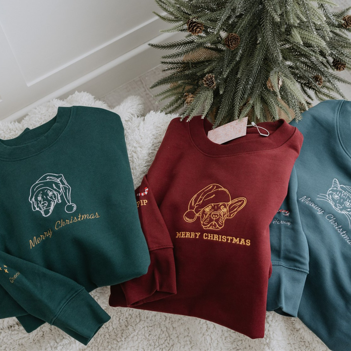 Custom Embroidered Outline Pet Portrait Christmas Sweatshirt Hoodie T-shirt