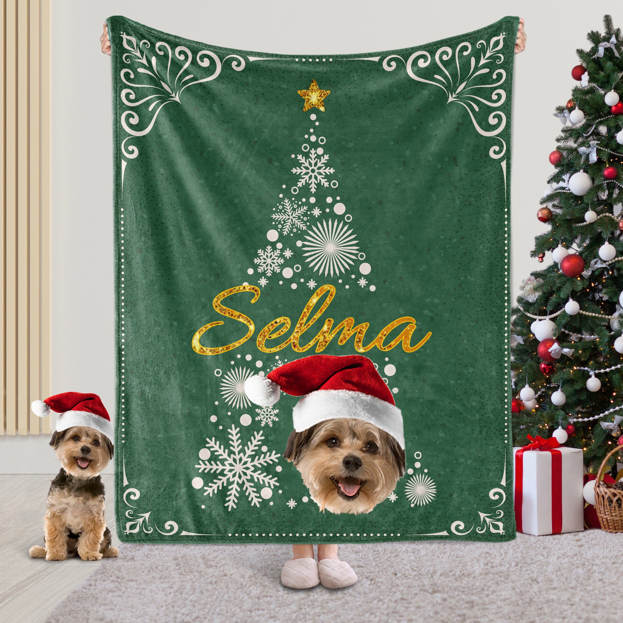 Custom Pet Photo Blanket Christmas Blanket Christmas Tree Blanket, Personalized Name Blanket