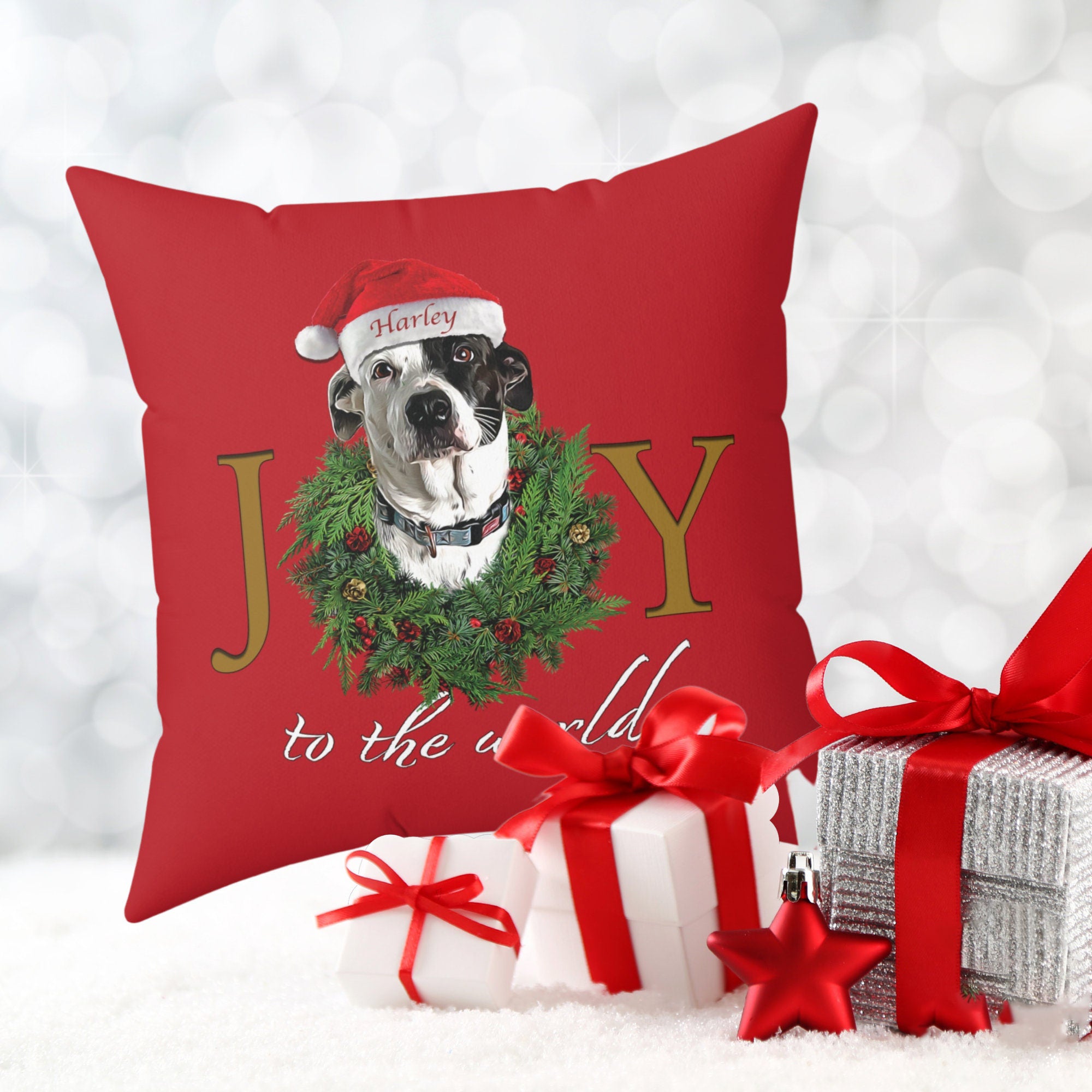 Personalized Dog Christmas Pillow, Custom Joy to the World Dog Pillow, Christmas Cushion Gift