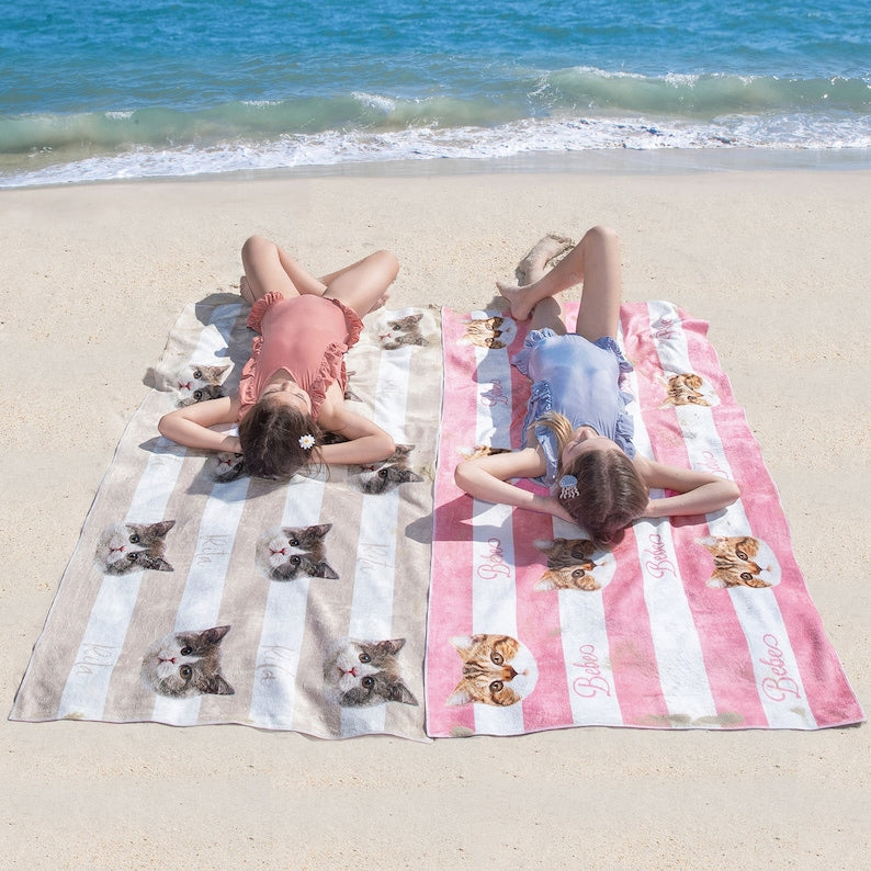 Personalized Pet Photo Beach Towel, Custom Striped Beach Towel with Name