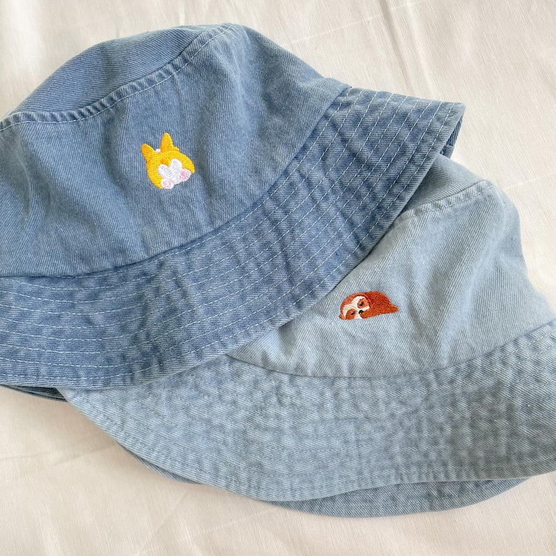 Custom Icon Embroidered Denim Bucket Hat, Custom Photo From Kitten, Goose, Puppy Hat