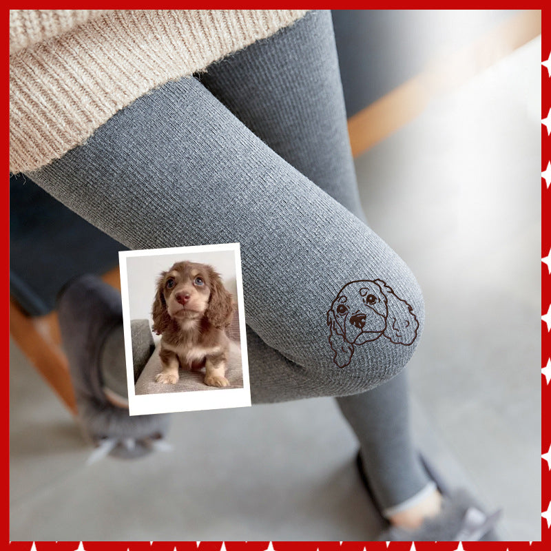 Custom Pet Face Outline Embroidered Women Leggings Tights Warm Stretch Stockings