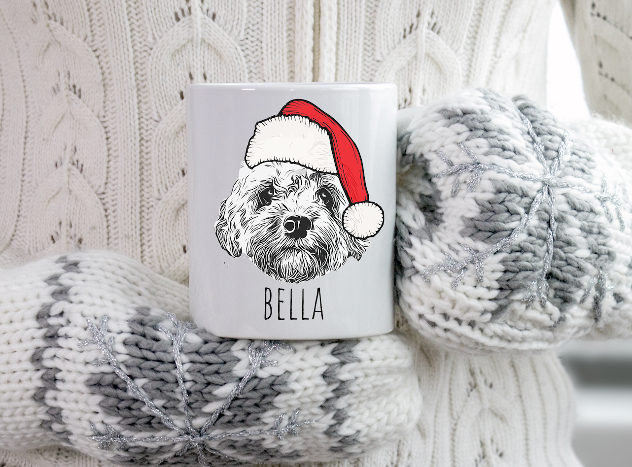 Custom Pet Mug with Santa Hat, Black & White, 2 Sides Printed