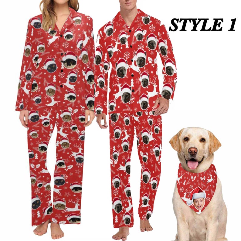 Custom Dogs Cats Faces Pajamas, Matching Christmas Pajamas Family Personalized Pet Photo Pajamas