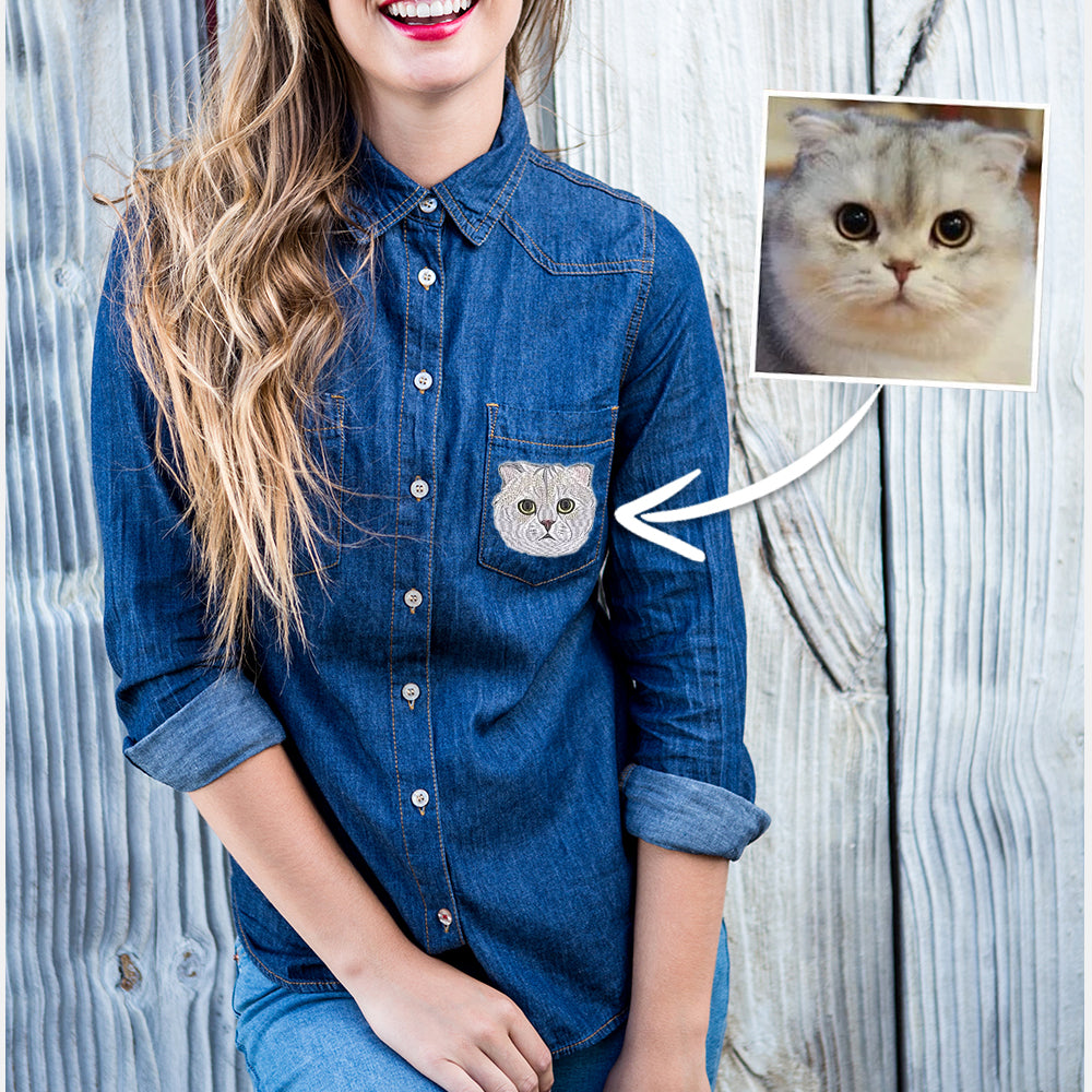 Embroidered Pet Portrait Denim Shirt For Woman, Custom Pet Photo Denim Shirt