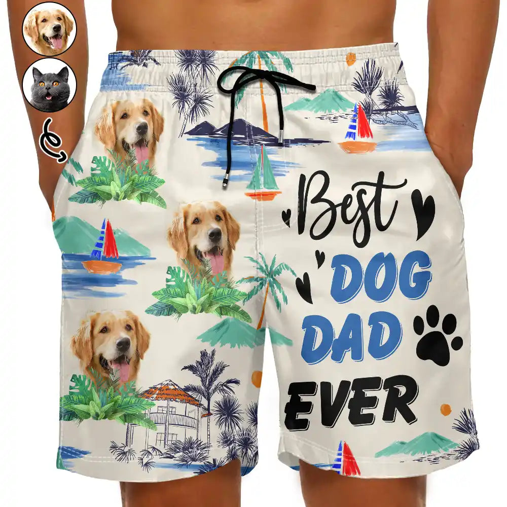 Custom Photo Best Dog Dad Ever - Personalized Unisex Beach Shorts