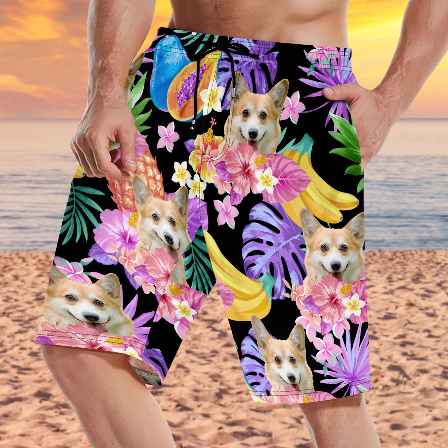 Custom Photo Funny Family Pet Face Black Colorful Tropical - Personalized Unisex Beach Shorts