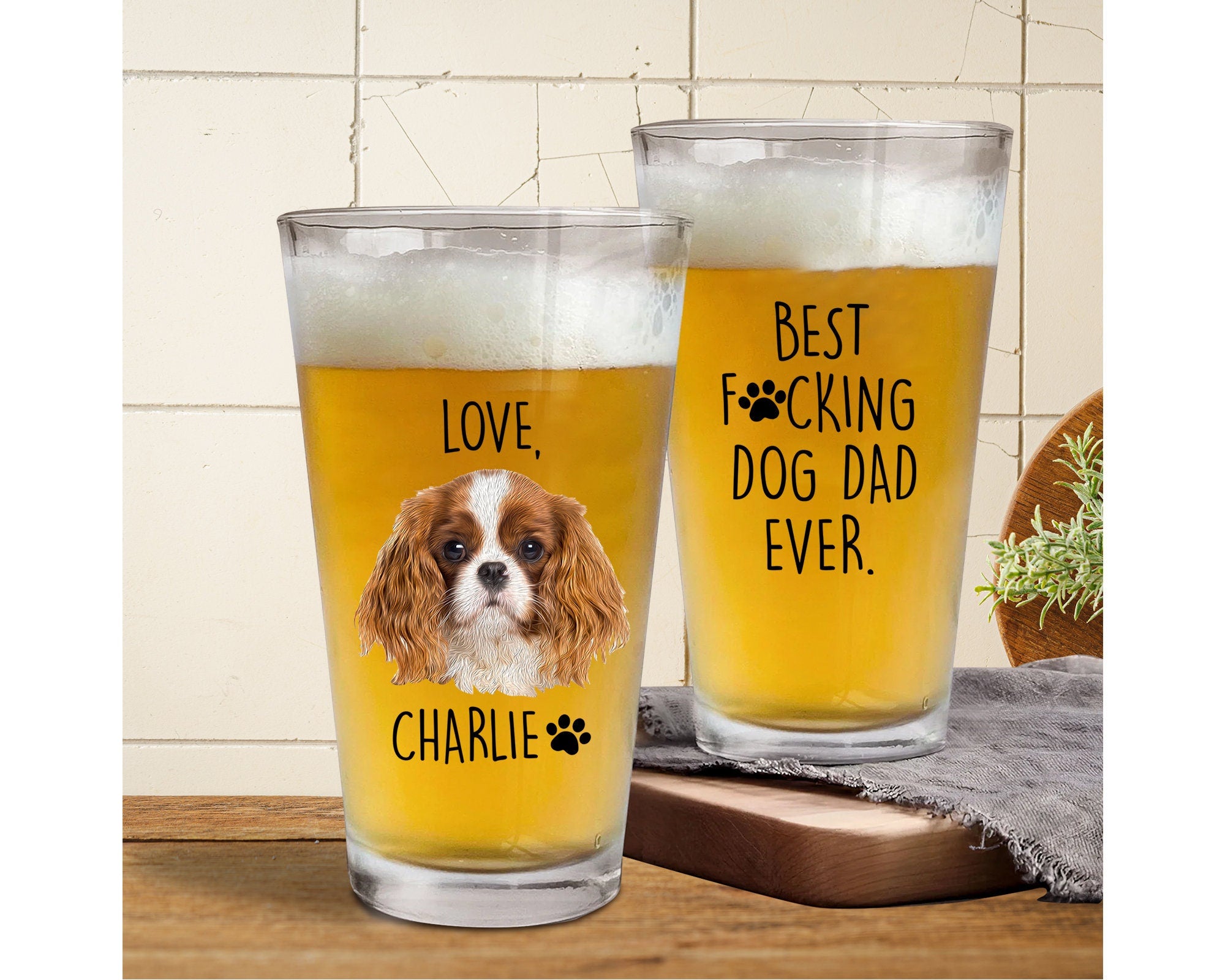 Custom Pet Portrait from Photo Dog Dad Pint Glass, Father Day Gift, 16 oz Pint Beer Glass