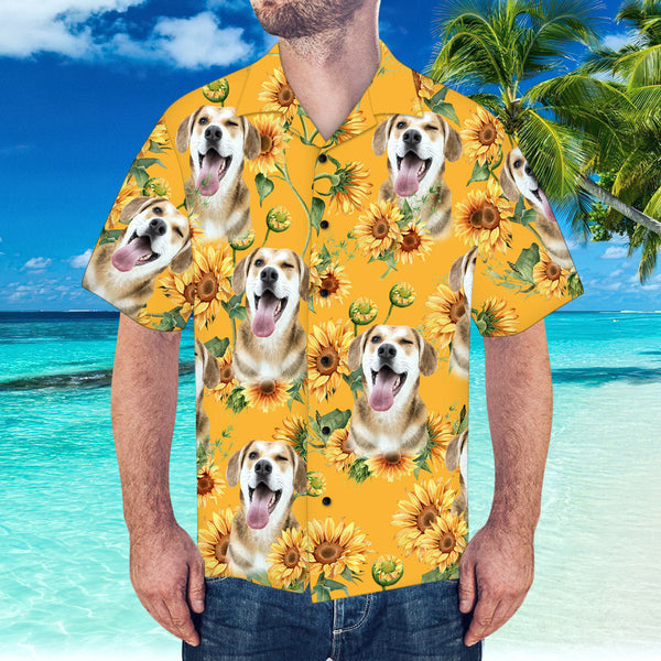 Custom Pet Face Hawaiian Shirt Sunflower Pattern Hawaiian Shirt for Beach Party