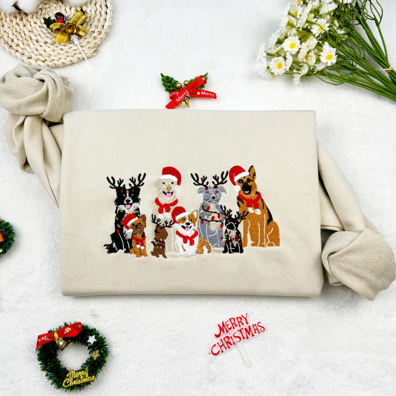 Christmas Dog Family Embroidered Sweatshirt Hoodie T-shirt Unisex Crew Neck