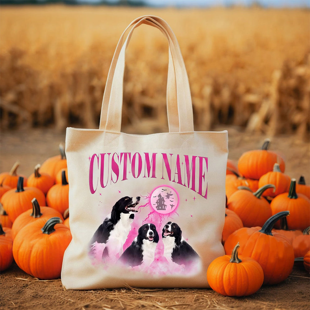 Halloween Personalized Pet Photo Tote Bag Retro Canvas Tote Bag for Trick or Treat