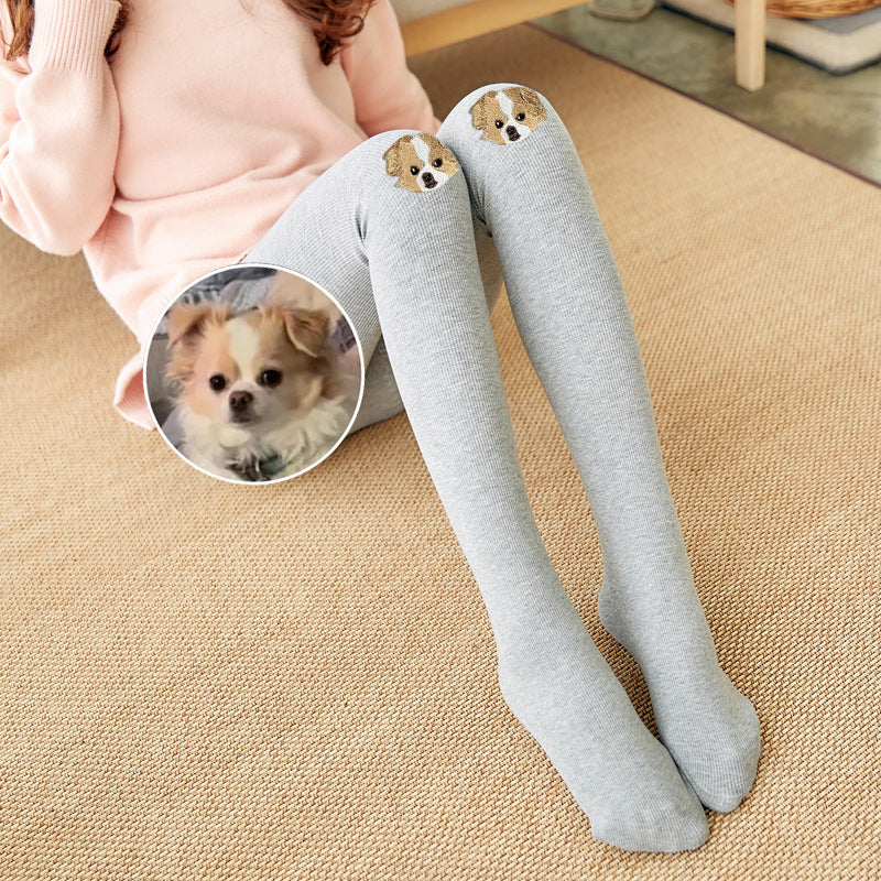 Custom Pet Face Full Color Embroidered Women Leggings Tights Warm Stretch Stockings