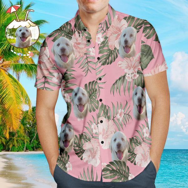 Custom Pet Face Hawaiian Style Pink Flowers Dog and Owner Matching Hawaiian Shirts