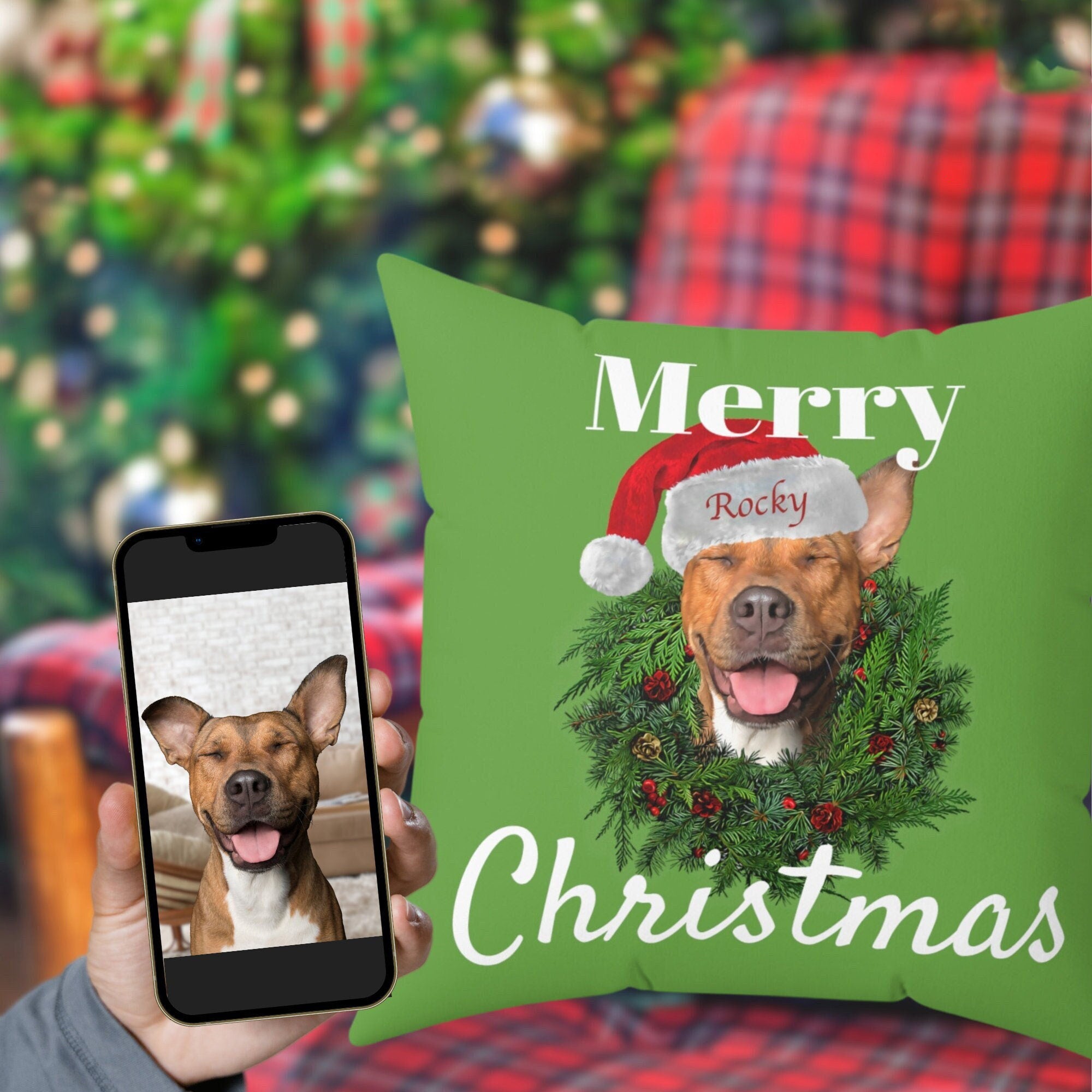 Personalized Dog Portrait Christmas Pillow, Custom Dog Xmas Pillow Using Dog Photo