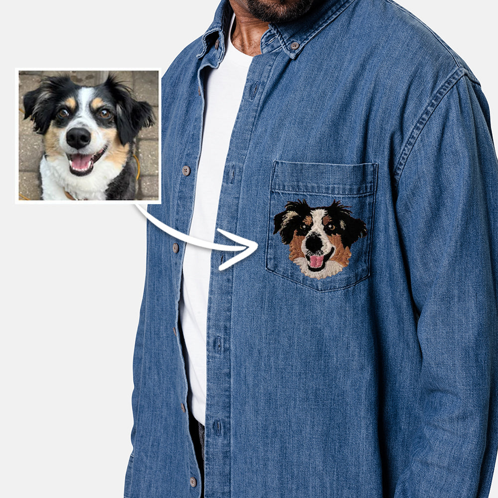 Embroidered Pet Portrait Denim Shirt For Man, Custom Pet Photo Denim Shirt