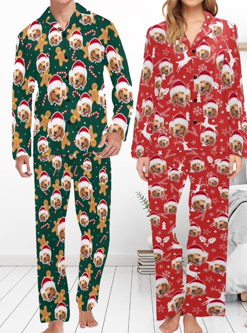 Custom Dogs Cats Faces Pajamas, Matching Christmas Pajamas Family Personalized Pet Photo Pajamas