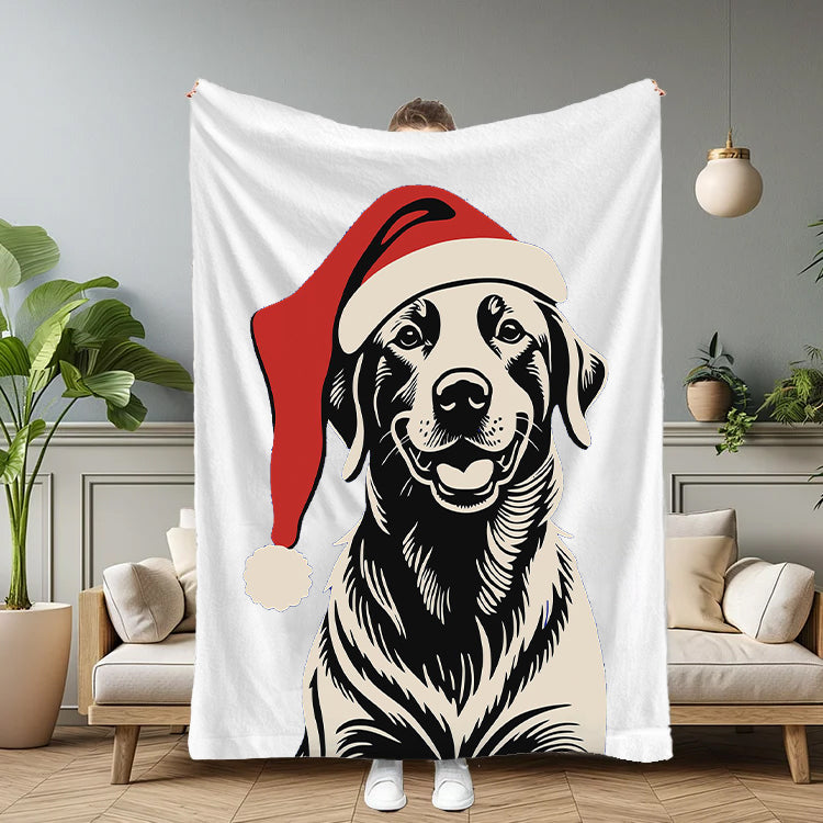 Custom Pet Portrait Blanket – Vintage Black Art Style with Santa Hat