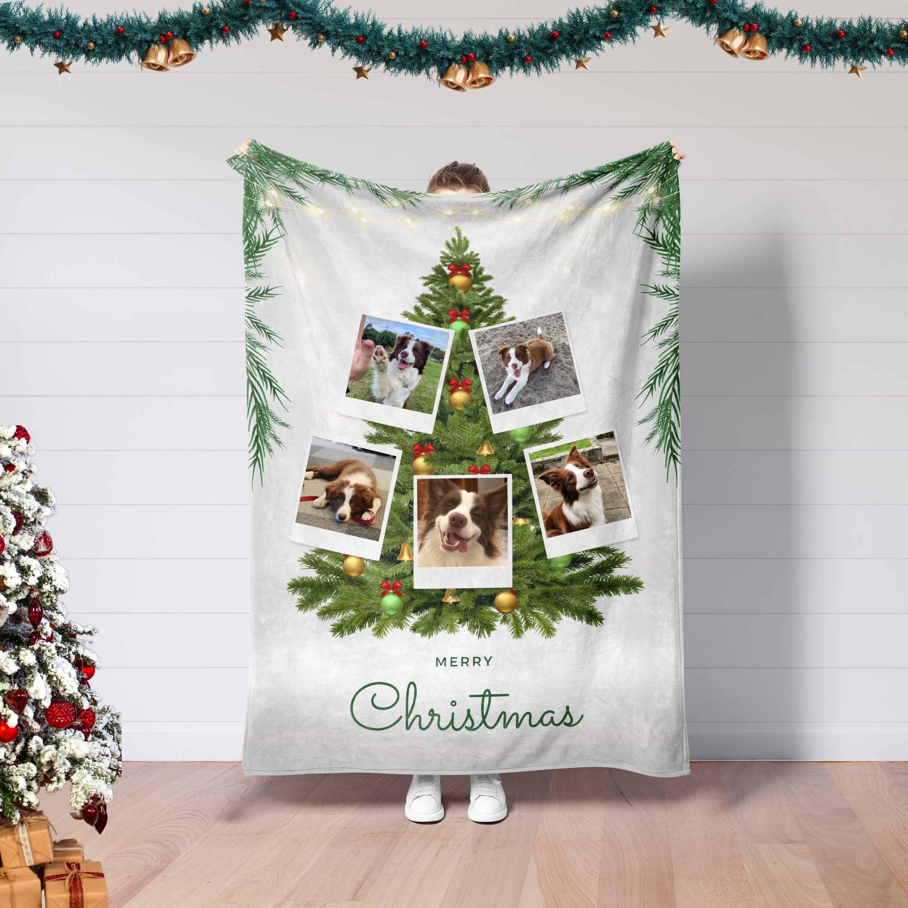 Personalized Christmas Family Photo Tree Blanket, Custom Pet Photo Blanket, Christmas Gift