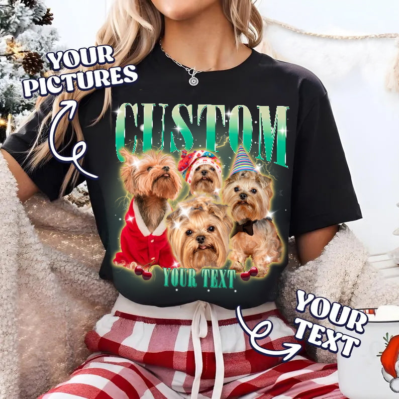 Christmas Bootleg Dog Tee Sweatshirt, Custom Pet Photo Retro Xmas T Shirt Hoodie