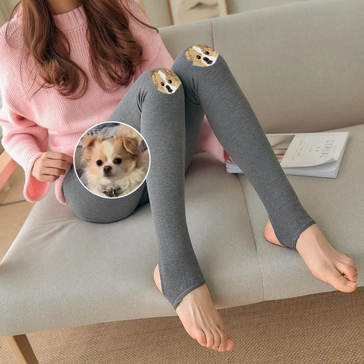 Custom Pet Face Full Color Embroidered Women Leggings Tights Warm Stretch Stockings