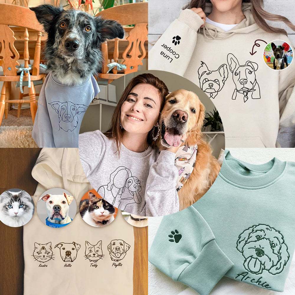 Custom Pet Photo Outline Embroidered Hoodie Crewneck T-shirt