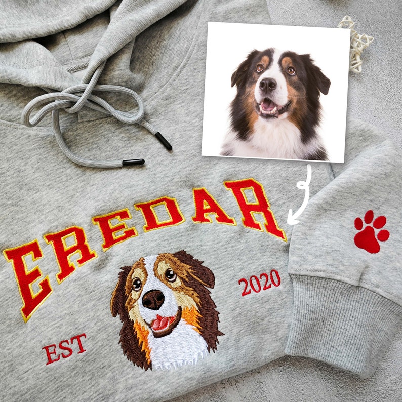 Custom Dog Hoodie Embroidered Dog Name, Personalized Pet Face Sweatshirt, Varsity Style Hoodie For Kid