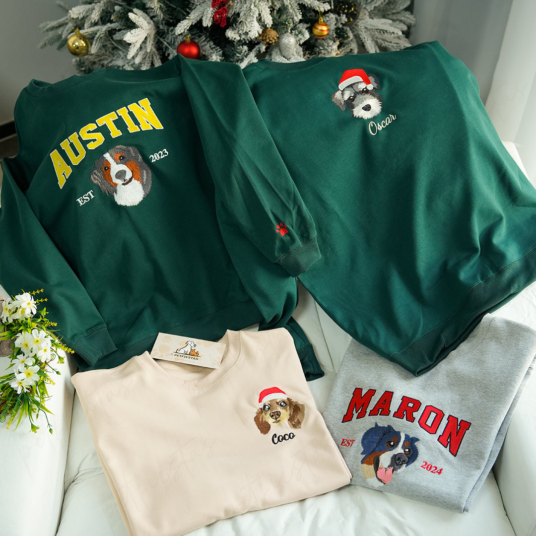 Custom Pet Portrait Embroidered Christmas Jumper, Sweatshirt, Hoodie, T-shirt, Perfect Xmas Gift