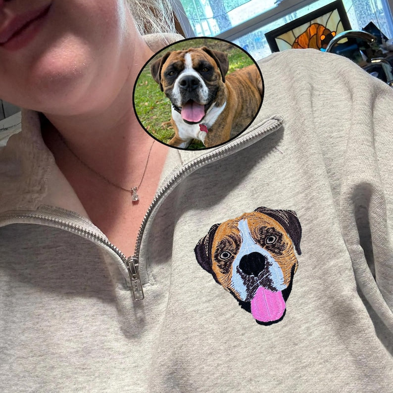 Personalized Pet Portrait Embroidered Quarter-Zip Sweatshirt