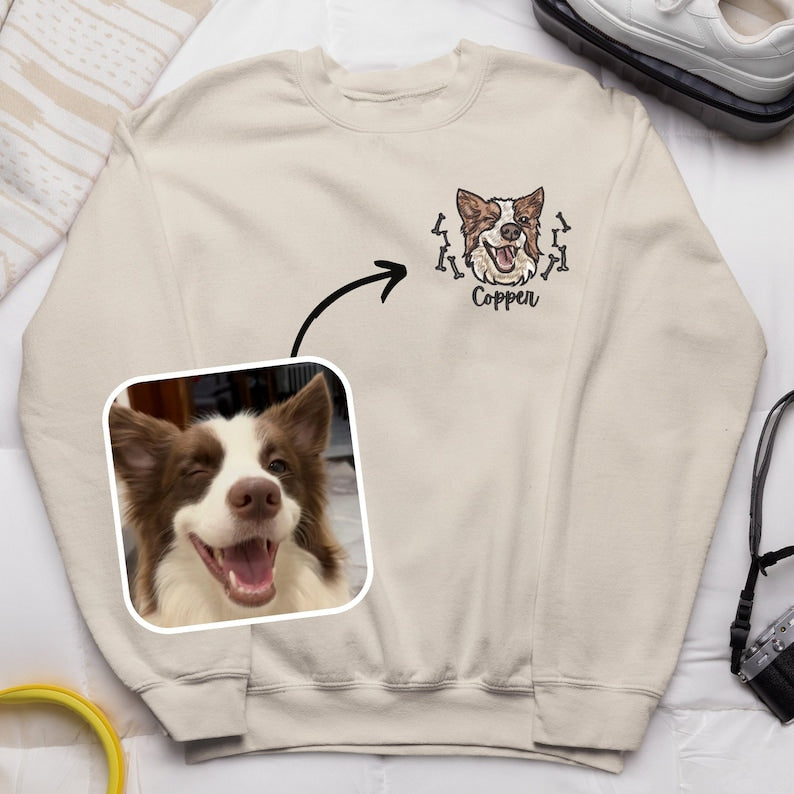 Custom Pet Portrait Shirt, Personalized Embroidered Pet and Name Hoodie Sweatshirt