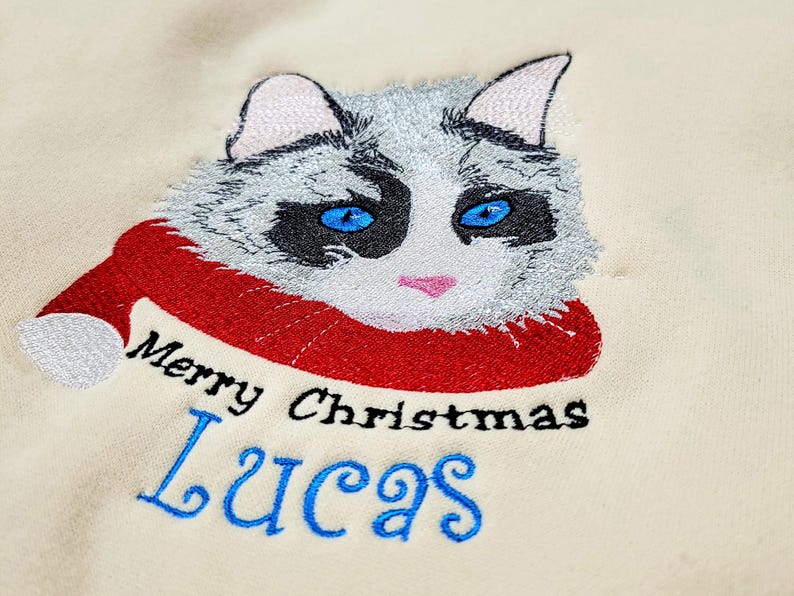 Custom Christmas Pet Embroidered Sweatshirt Embroidered Cat Face and Name Hoodie T-shirt Xmas Gift