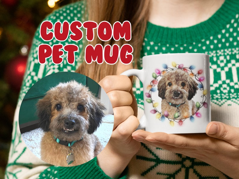 Custom Sketched Pet Mug - Custom Pet Portrait Mug, Pet Illustration, Christmas Mug, Holiday Mug