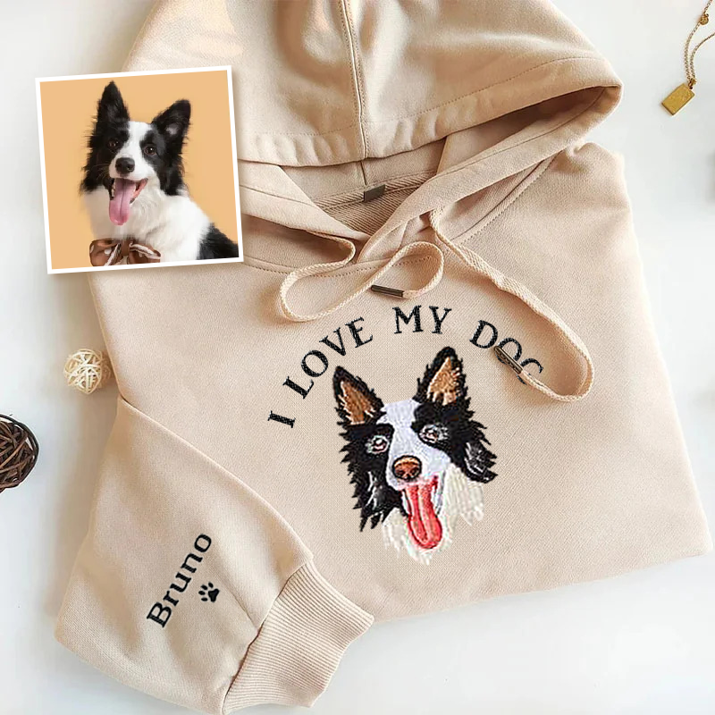 I Love My Dog Custom Pet Portrait Embroidered Crewneck T-shirt Hoodie