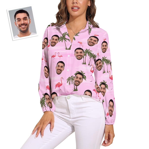 Custom Pet Face Hawaiian Shirts Pink Flamingo Vintage Long Sleeves Hawaiian Shirts for Women