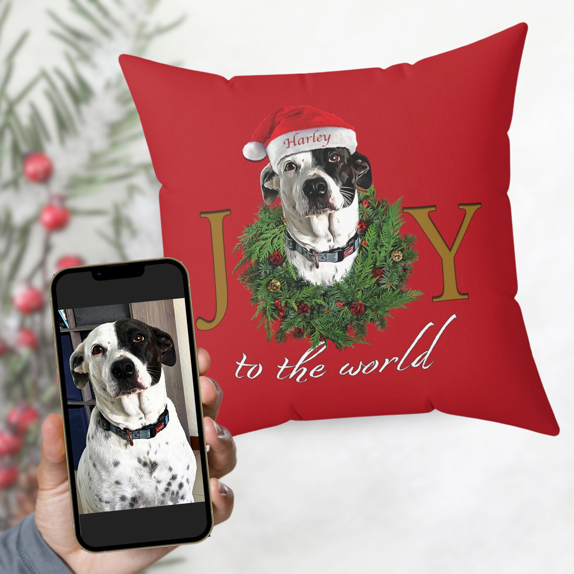 Personalized Dog Christmas Pillow, Custom Joy to the World Dog Pillow, Christmas Cushion Gift