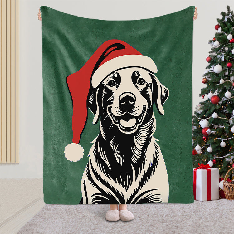 Custom Pet Portrait Blanket – Vintage Black Art Style with Santa Hat