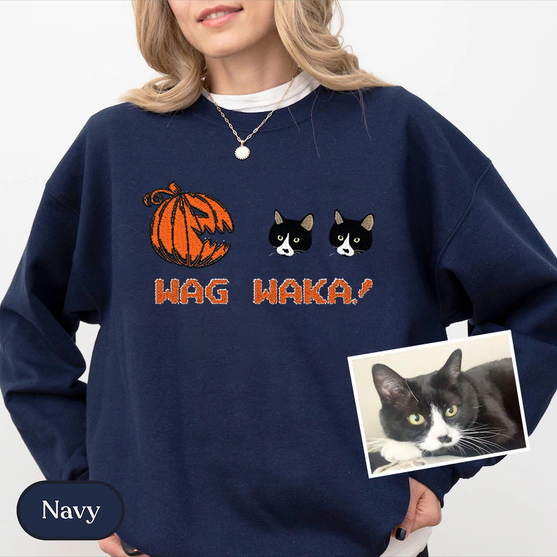 Wag Wag Waka! - Custom Pet Portrait Embroidered Halloween Pumpkin T-Shirt Sweatshirt Hoodie